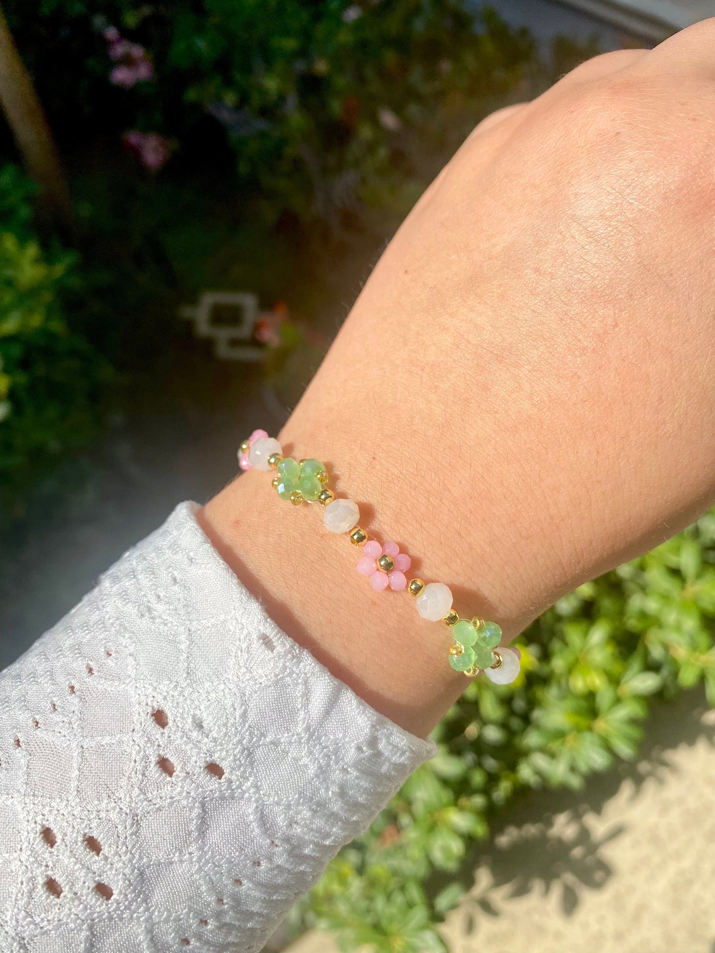 Watermelon Dainty Crystal Daisy Flower Beaded Bracelet 18k Gold Green Pink perfect gift for any occasion