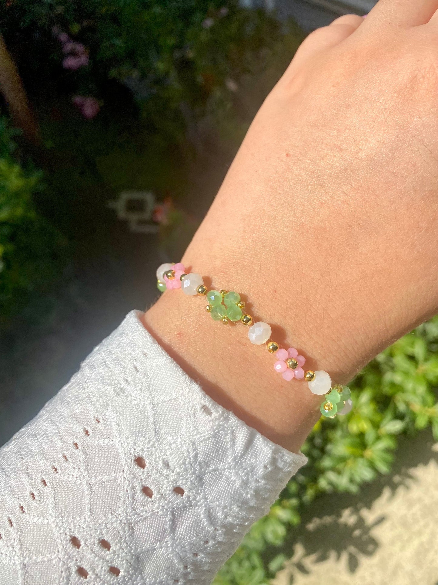 Watermelon Dainty Crystal Daisy Flower Beaded Bracelet 18k Gold Green Pink perfect gift for any occasion