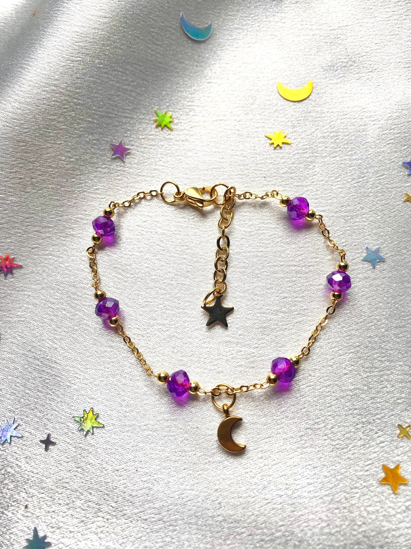 Crescent Moon Charm Bracelet Purple Beads 18k gold plated Mothers Day Birthday Bridesmaid Wedding Gift For her Date Night Witchy Celestial perfect gift for any occasion