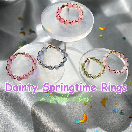 Dainty Springtime Rings in pastel colors bright pink, pastel purple pink, pastel blue, pastel green, and pastel purple cute perfect gift for all occasion