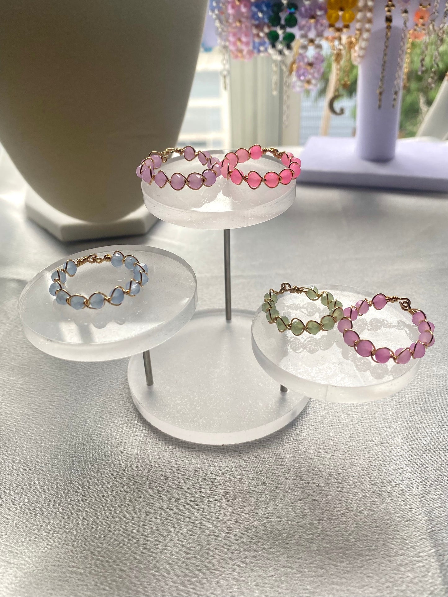 Dainty Springtime Rings in pastel colors bright pink, pastel purple pink, pastel blue, pastel green, and pastel purple cute perfect gift for all occasion